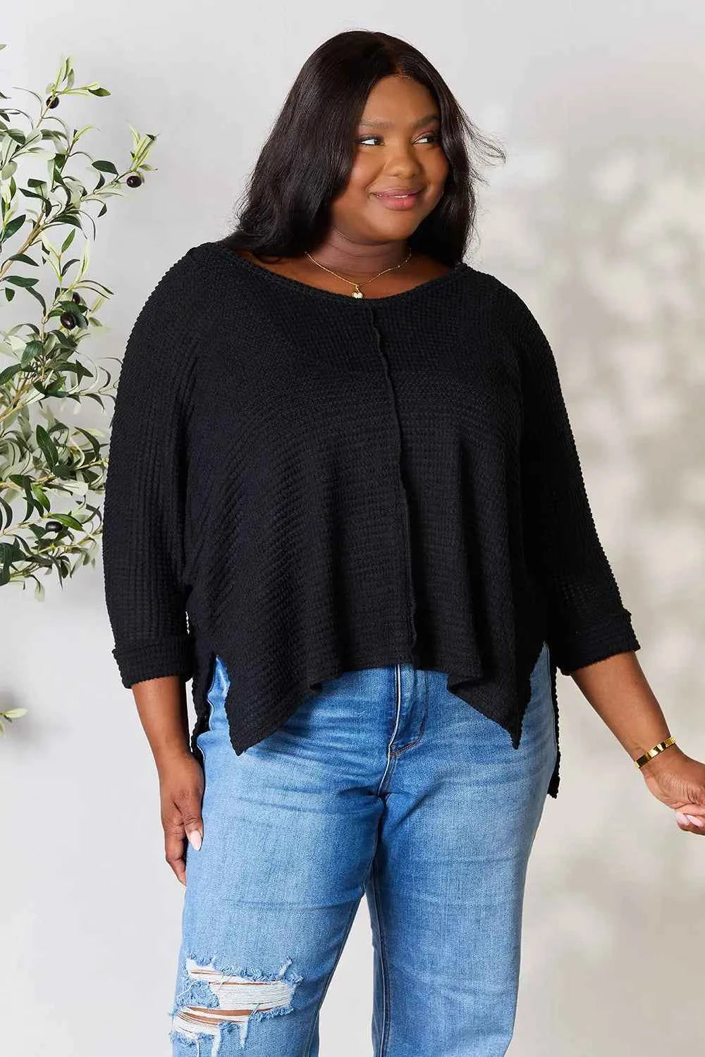 Zenana Full Size Round Neck High-Low Slit Knit Top a1b97080d50543d1888f24ad20e259ec-Max