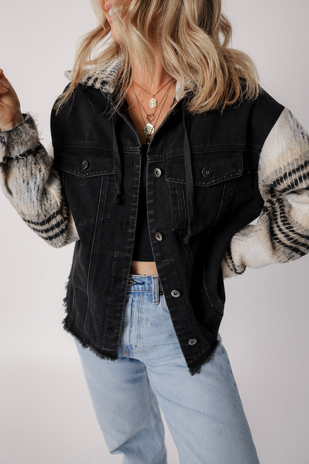 Black Patchwork Plaid Sleeve Frayed Hem Hooded Denim Jacket a1bddca66f8121b4