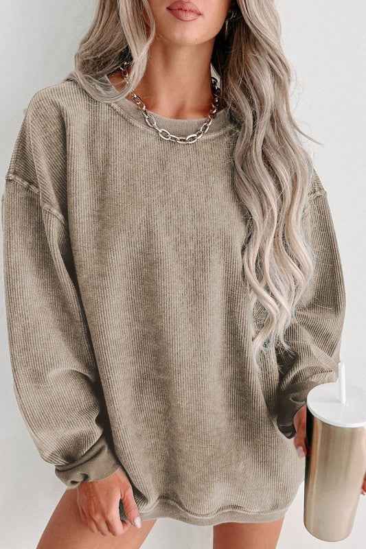Solid Ribbed Knit Round Neck Pullover Sweatshirt a1be83db-1a71-4109-954c-39044ed7c86b