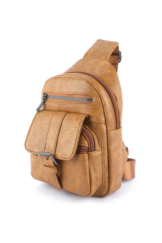 Khaki Vintage Zipper Multi Pockets PU Sling Bag a1c0611e1e7352cc