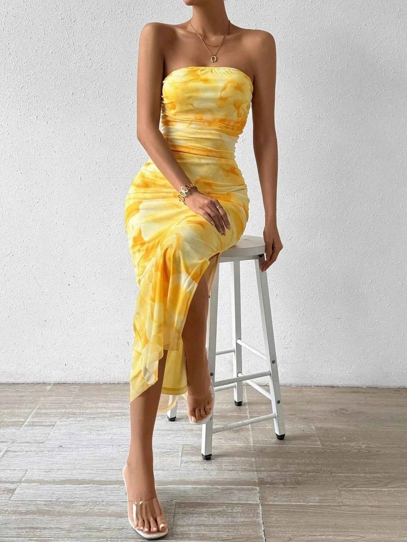 Printed Side Slit Tube Dress Yellow a1c5744cce41447cb322d4401a75e3ca-Max-Origin