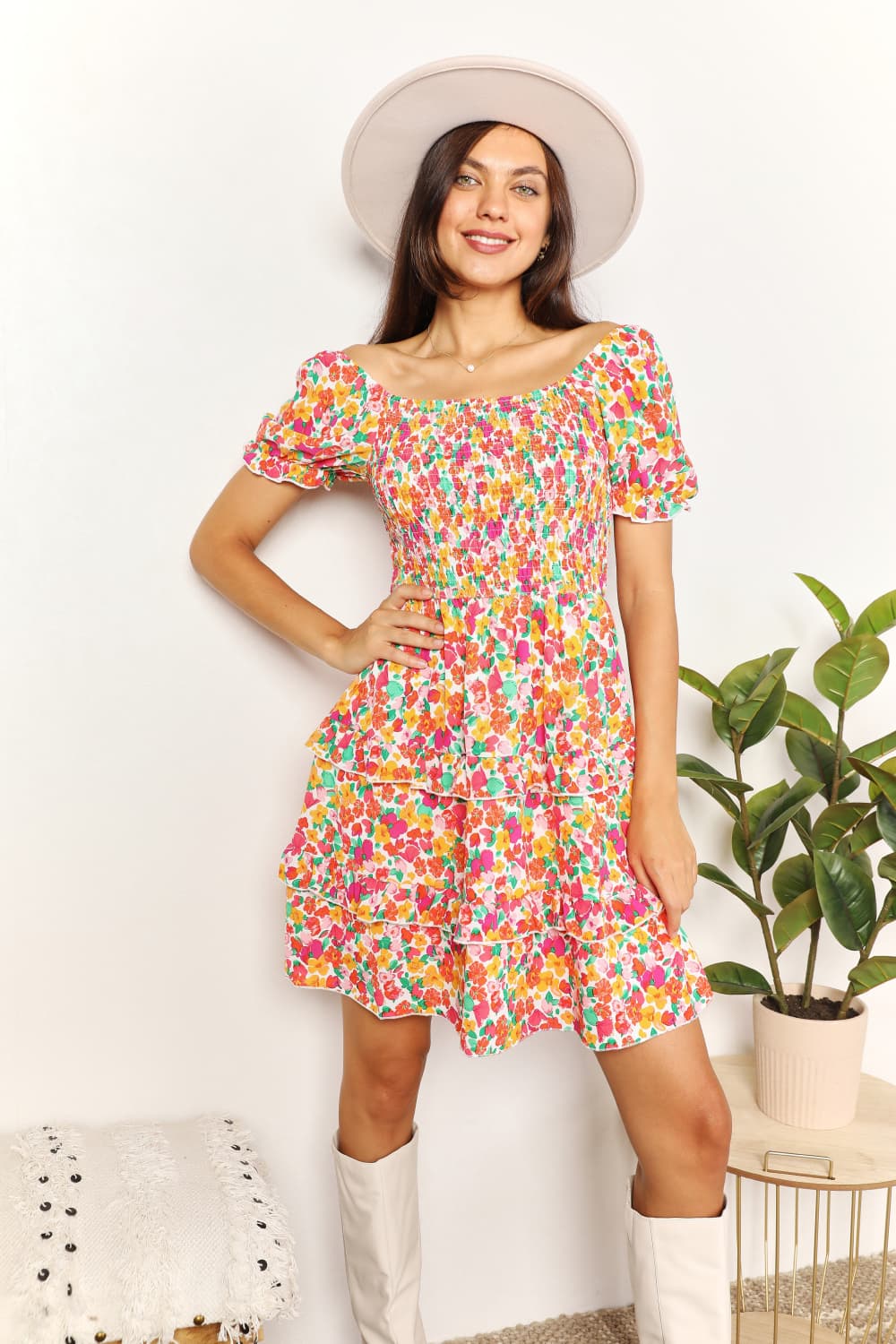Devine Smocked Sweetheart Neck Flounce Sleeve Mini Dress Strawberry a1c77587142f47a3a297470e58d8cd05-Max