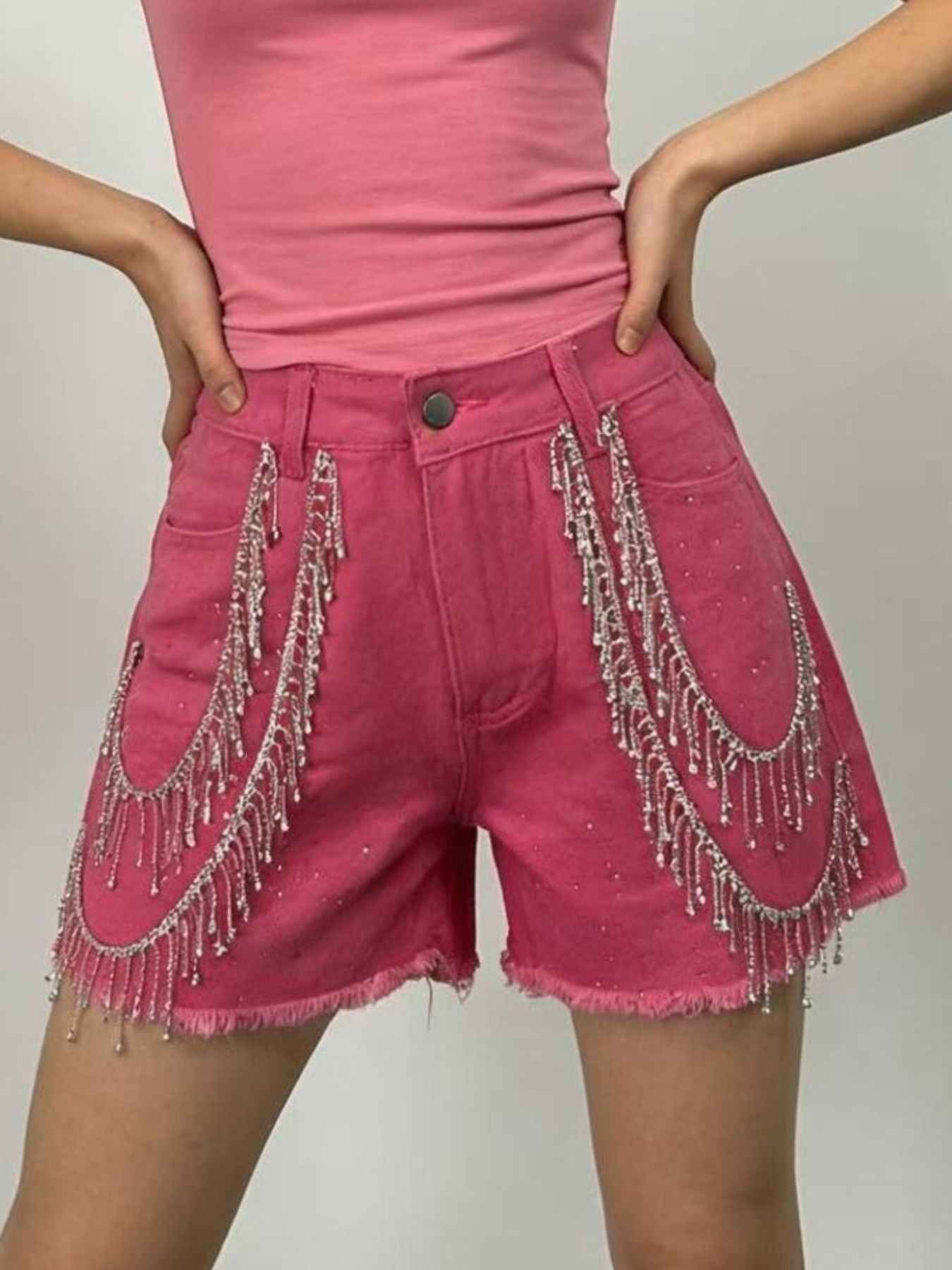 Rhinestone Chain Raw Hem Denim Shorts a1d0fe8a-c0fe-4d29-94cf-16f7fd4a68d3-Max