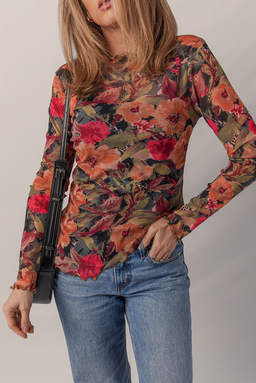 Multicolour Floral Print Lettuce Trim Long Sleeve Mesh Top Multicolour 95%Polyester+5%Elastane a1d7f4e31432bdac