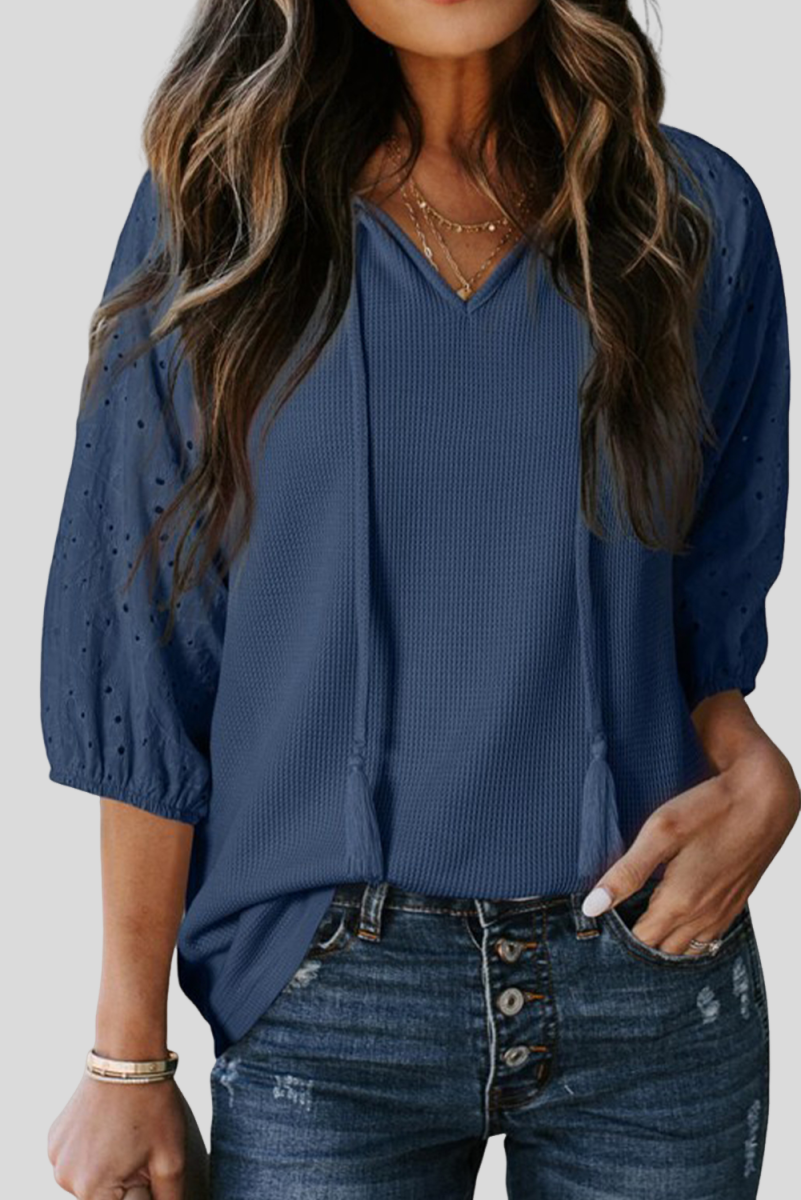 Dirty Blue Tassel Tie Neck Bracelet Sleeve Blouse Dirty blue 95%Polyester+5%Elastane a1d8a9bf9386971a