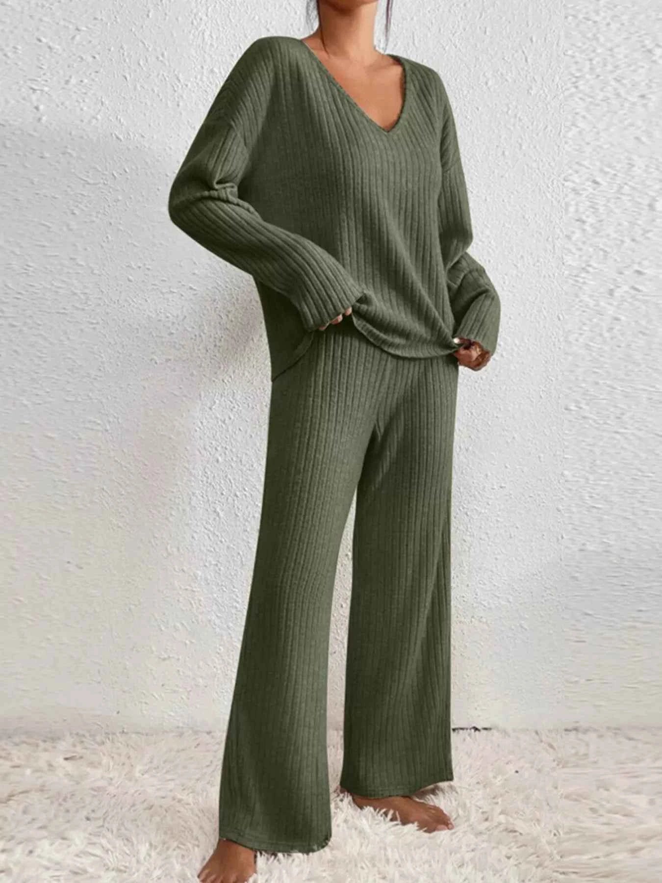 Ribbed Knit V-Neck Top and Pants Set a1df2ba8-cecf-44a6-9007-1d041194ca9f-Max-Origin