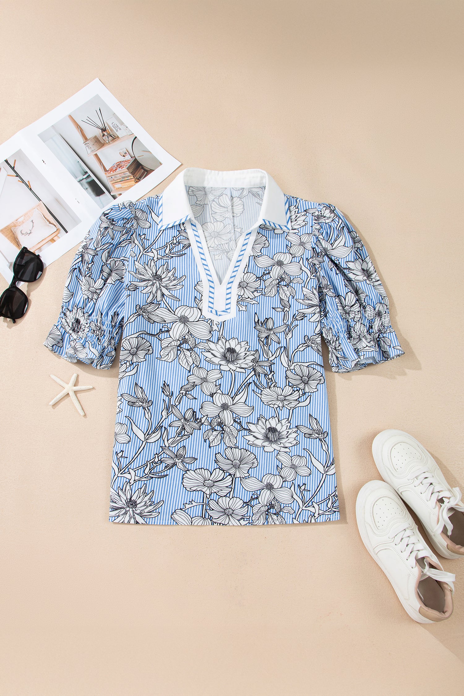Sky Blue Floral Striped Printed Polo Collar Short Sleeve Blouse a1e6de026b38b4b9