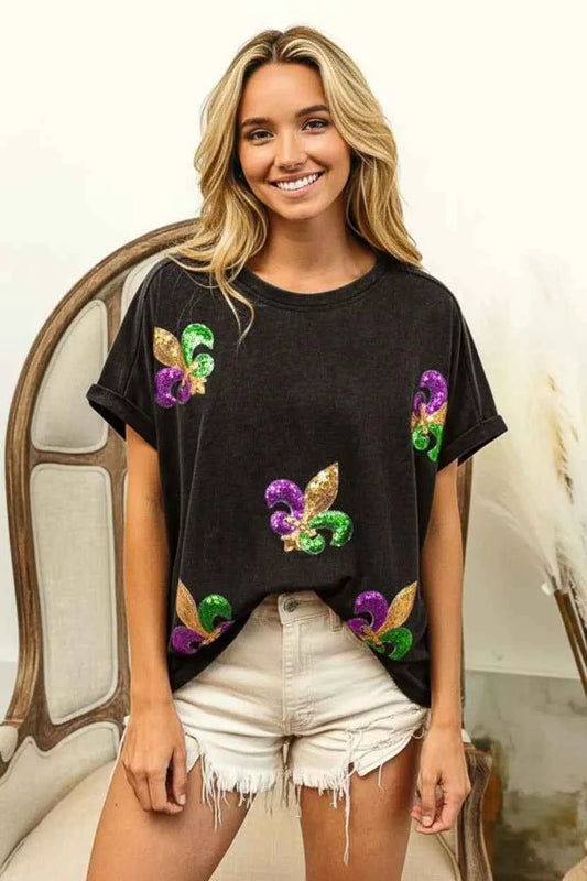 Fleur De Lis Sequin Patches Mardi Gras Sleeve Top a1ecf4f8-2421-45e7-826c-ce2b6db5cf8c-Max-Origin