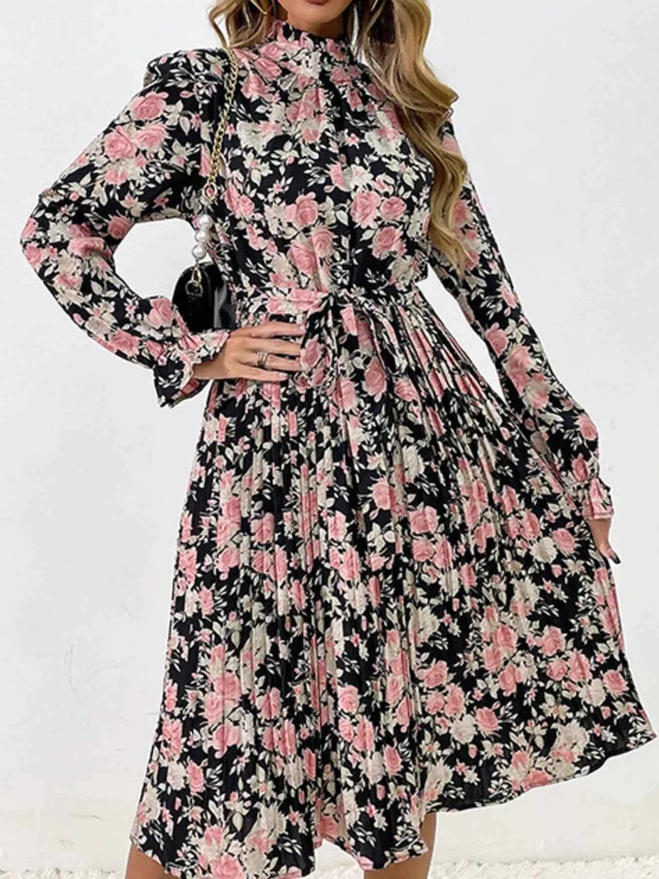 Floral Print Long Sleeve Pleated Midi Dress a1eea70a-1caf-44a3-a048-6199207c6516-Max-Origin