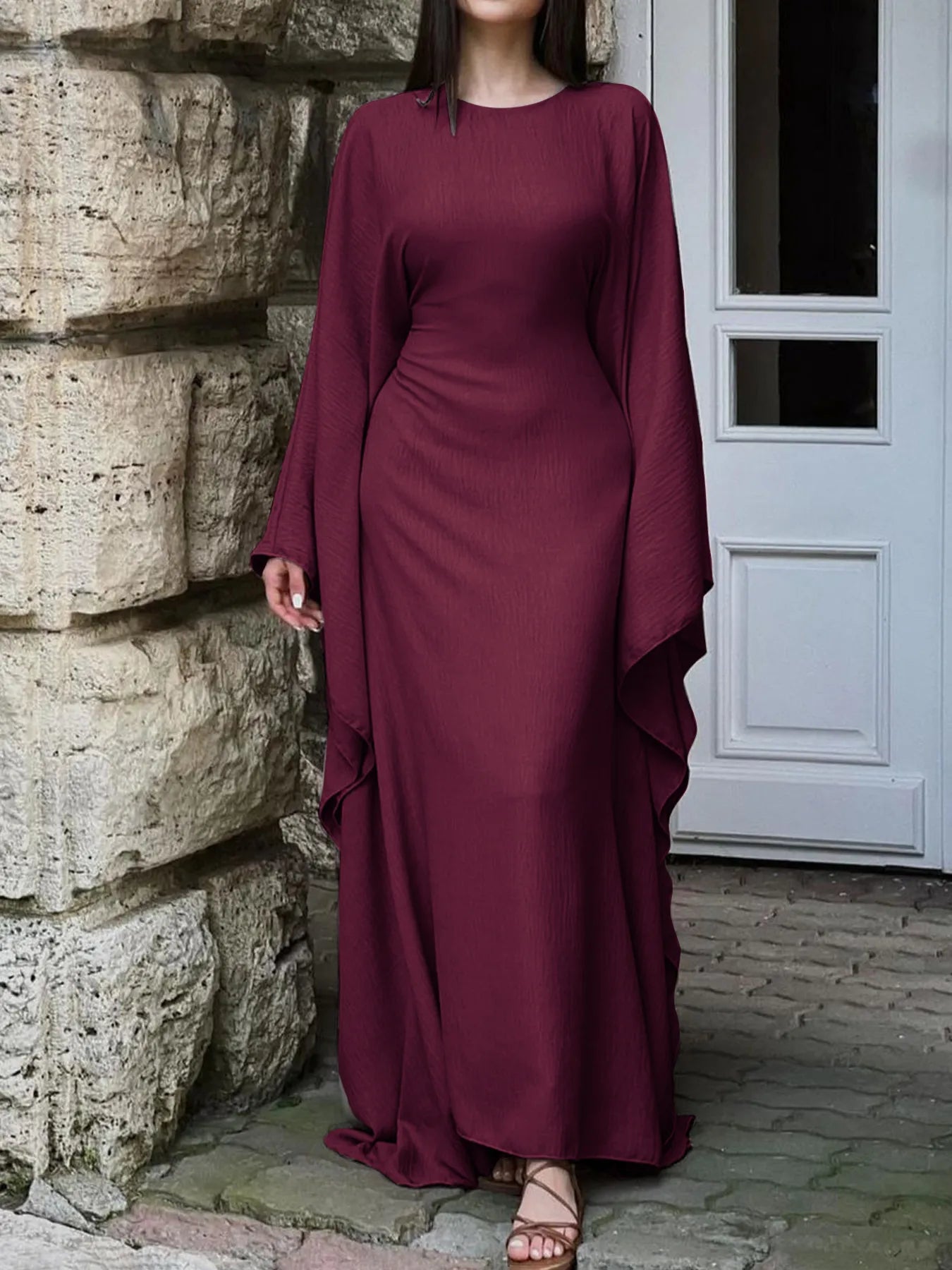Round Neck Maxi Dress with Flowing Cape Sleeves Burgundy a1f62cf16d06424da9e9f443439ee926-Max-Origin