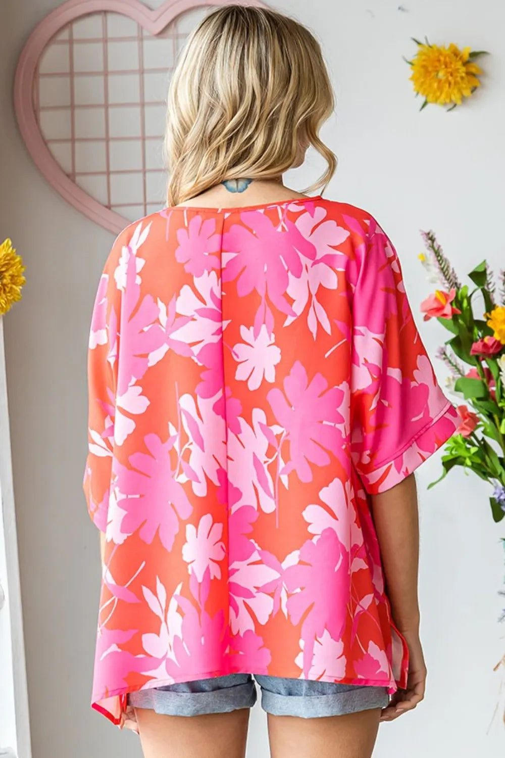 First Love Slit Printed Round Neck Half Sleeve Blouse a200eb69-2b4a-4c39-b0a0-63d147f7d703-Max