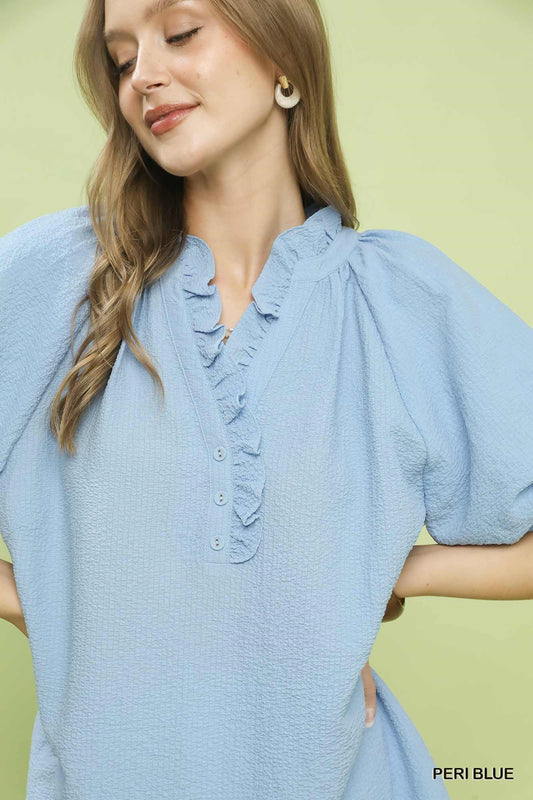 Puff Sleeve Ruffle Neck Tunic Blouse a2094da7-9c91-4156-8b59-47842fe4630f-Max