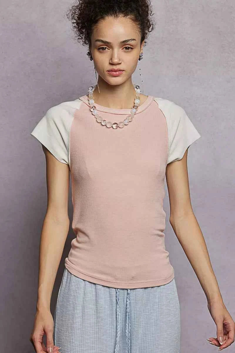 POL Round Neck Outseam Detail T-Shirt with Contrast Color Sleeves a20a5622-e710-441c-9903-994ae3bb02c0-Max-Origin