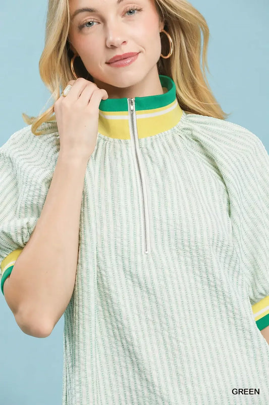 Botanical Print Puff Short Sleeve Blouse with Contrast Collar a20b3b79-4363-44f4-b433-f0c6ee2a9b57-Max-Origin