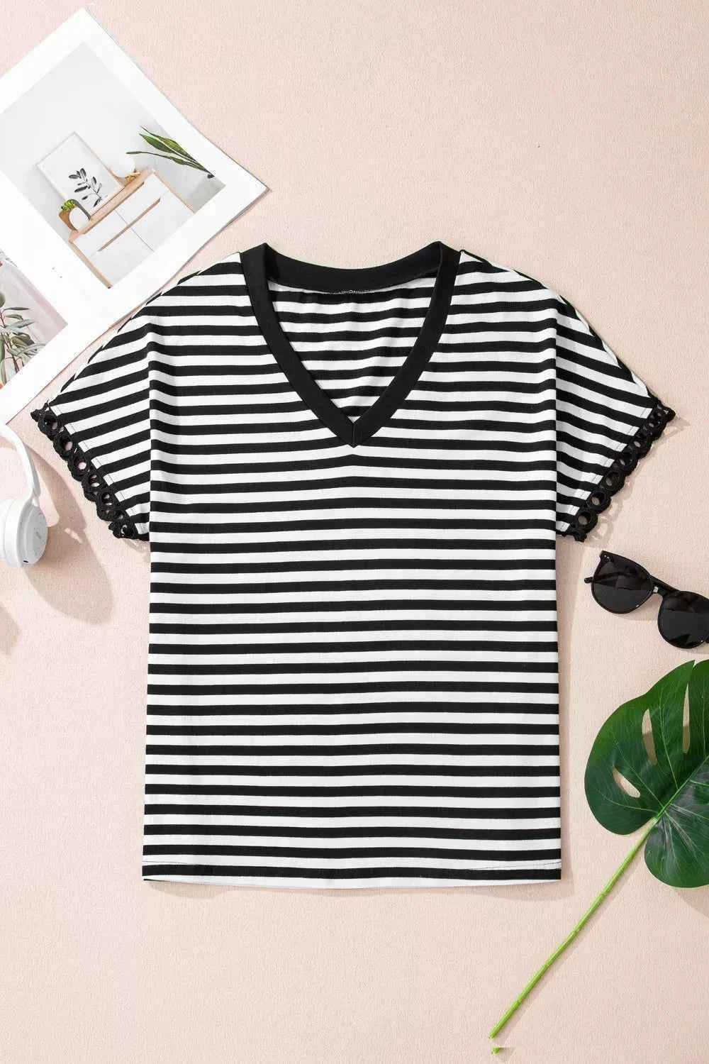Striped Print V Neck Delicate Trim Casual Tee a20d114e-8210-4a54-8431-264157676273-Max-Origin