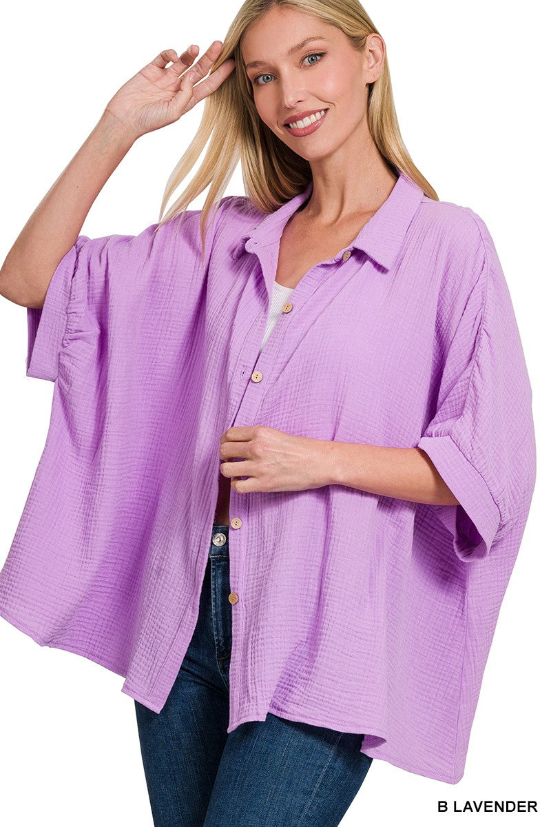 Zenana Double Gauze 3/4 Sleeve Button Up Shirt a20ff141bce34198bfaa3b97db1b04b4-Max