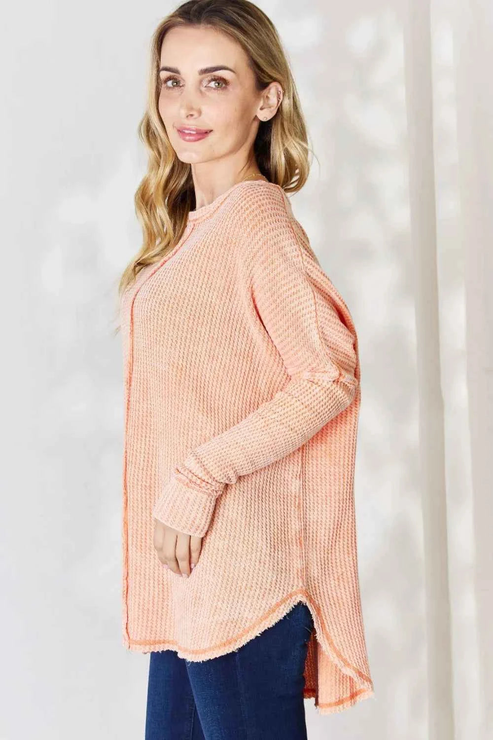 Zenana Oversized Washed Waffle Long Sleeve Top a214e8a7-053c-469c-88cf-3f34d37c42bb-Max