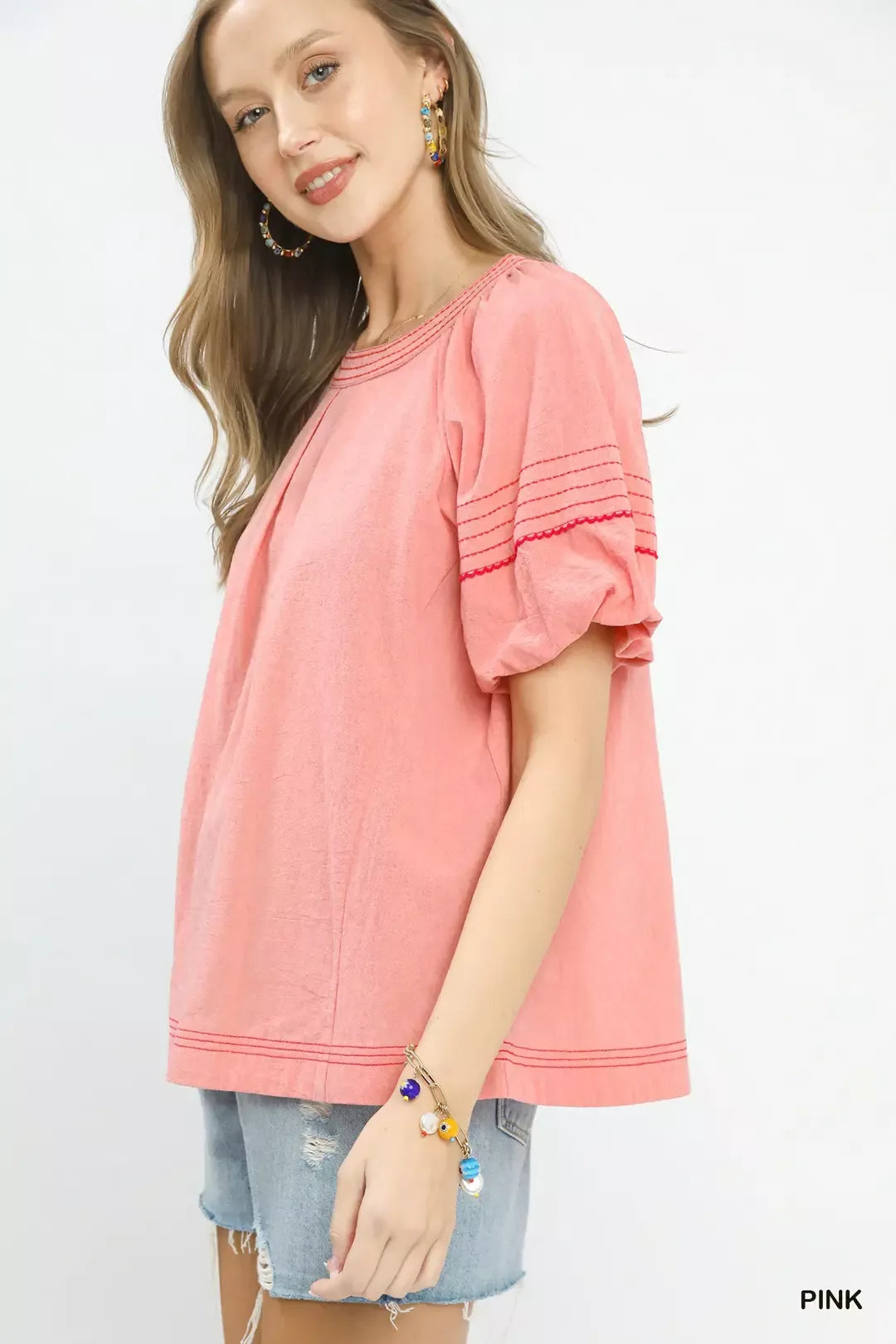 Umgee Round Neck Puff Sleeve Top with Contrast Stitch Detail a2150508-1bfb-40d0-9f2b-2843b5dde5fb-Max-Origin
