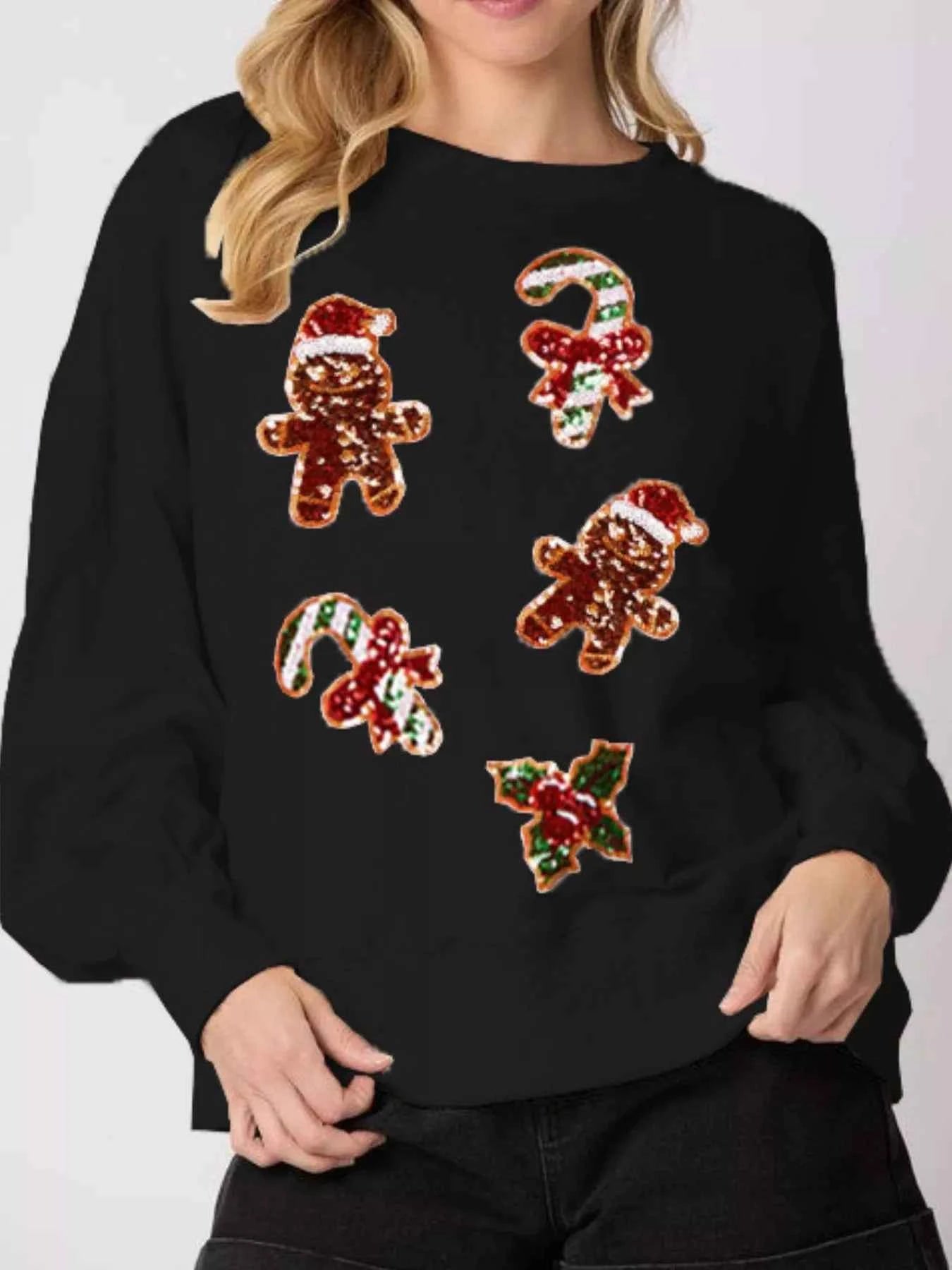 Christmas Holiday Sequined Gingerbread Sweatshirt Black a21af52a-8bd5-4ea0-ad65-ae808ab3476d-Max-Origin