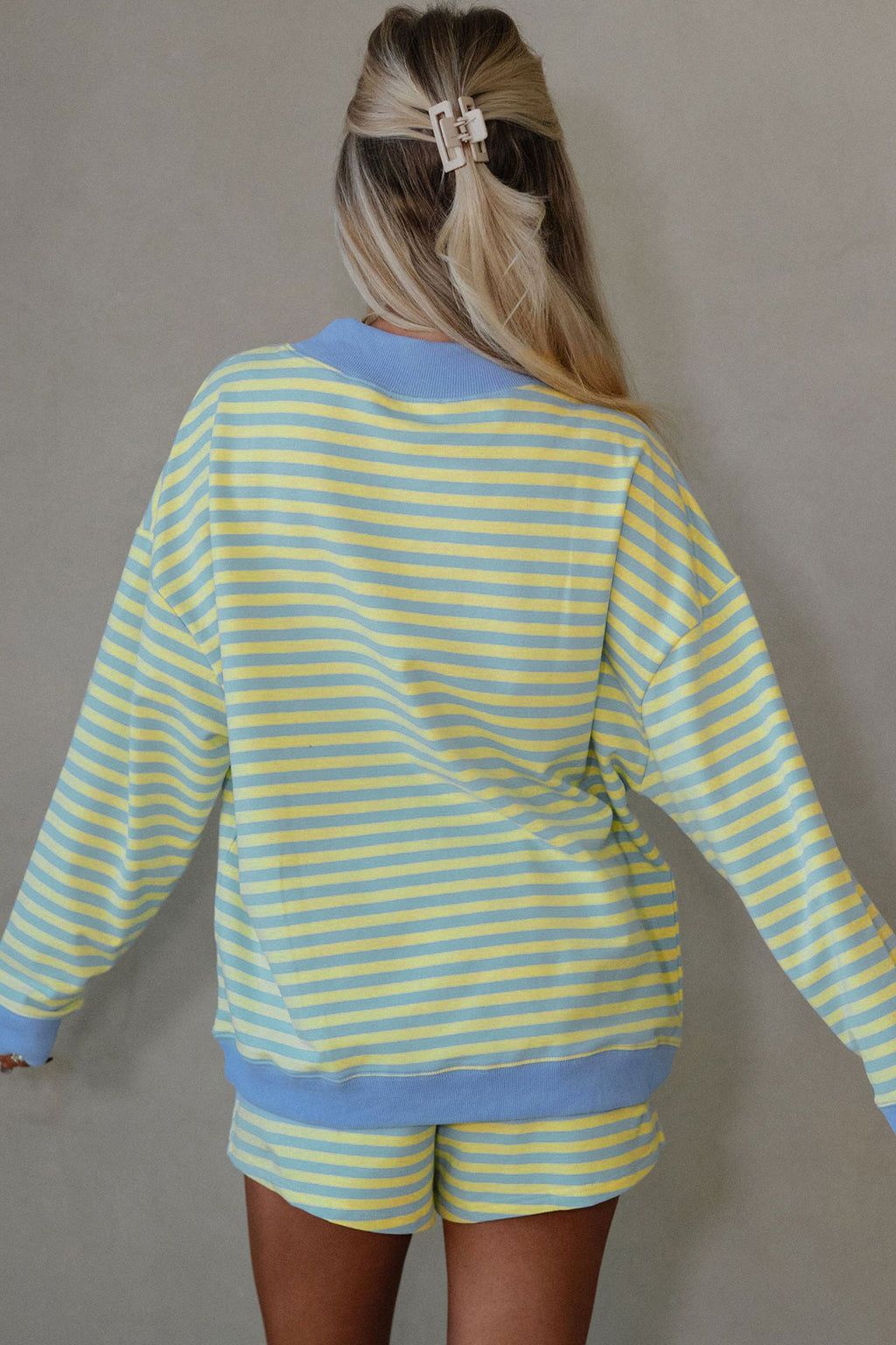 Yellow Stripe Color Block Detail Long Sleeve Pullover Elastic Waist Pull On Shorts 2pcs Set a21c80152462644b