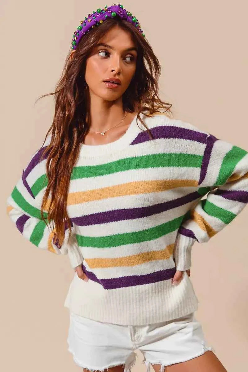 SO ME Mardi Gras Color Stripe Round Neck Sweater Top a21fd42053244778b24d1a10397b7a0d-Max-Origin