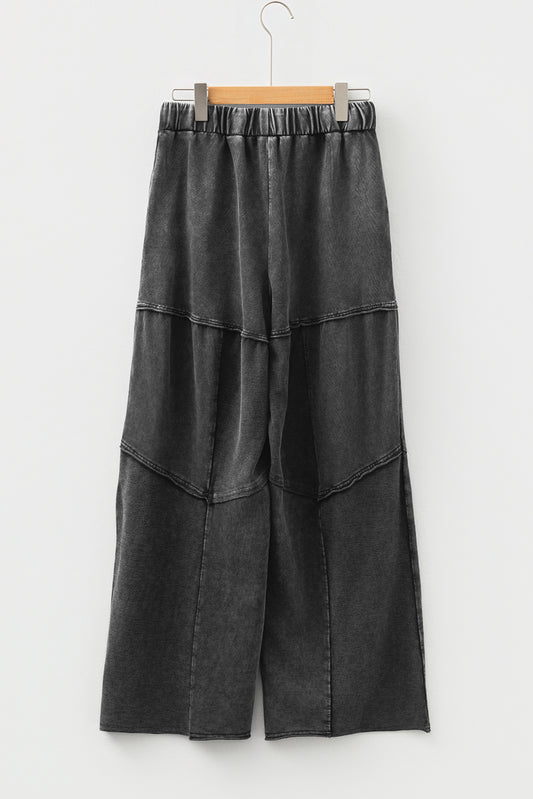 Black Mineral Wash Tiered Wide Leg Patchwork Drawstring Pants a2265c2425dff122