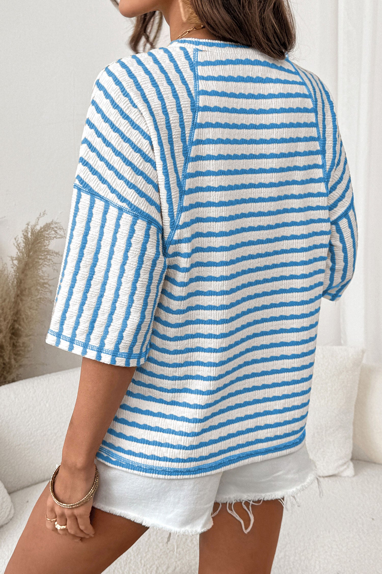 Sky Blue Stripe Textured Knit Split Hem Half Sleeve Loose Top a2295c21dfcfda83