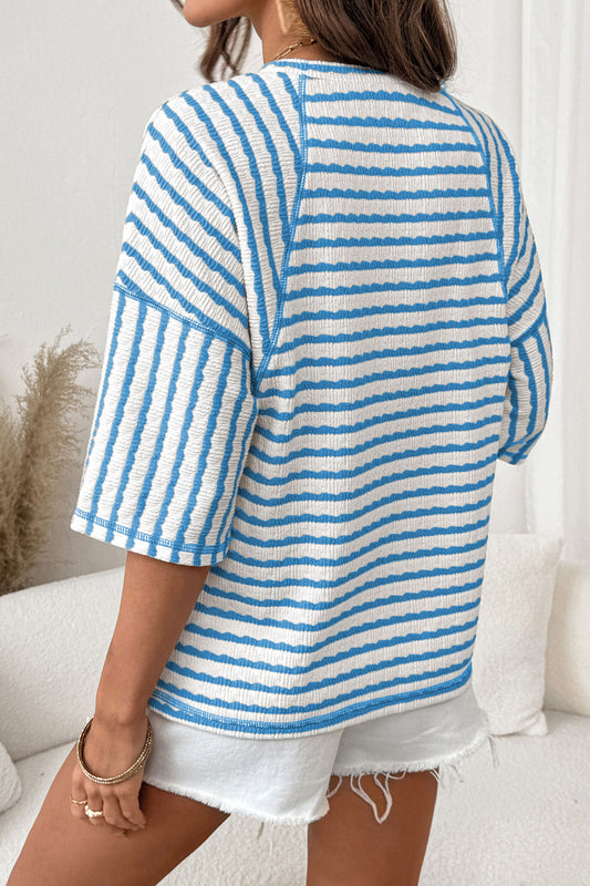 Sky Blue Stripe Textured Knit Split Hem Half Sleeve Loose Top a2295c21dfcfda83