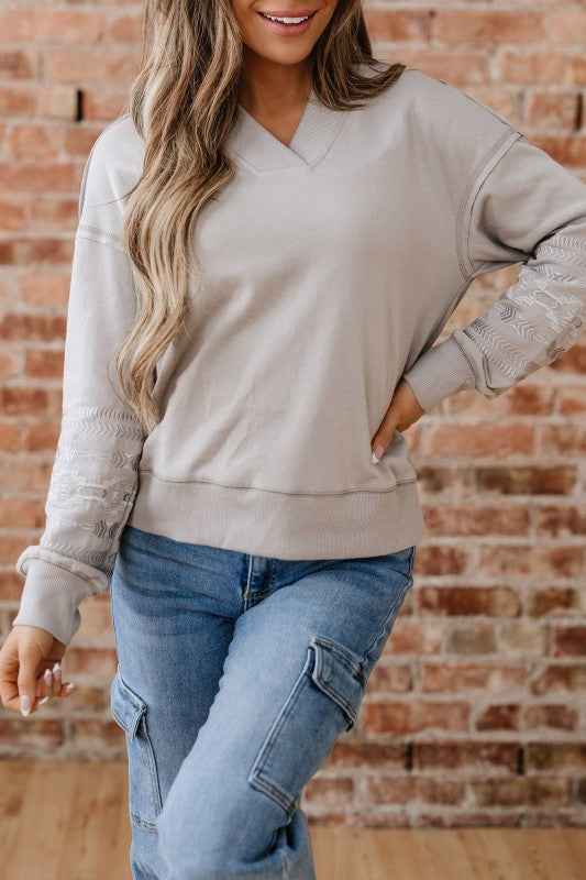 Western Aztec Embroidered Sleeve V-Neck Sweatshirt a22ac5b1-7792-4f54-aa39-33d1fd96e636