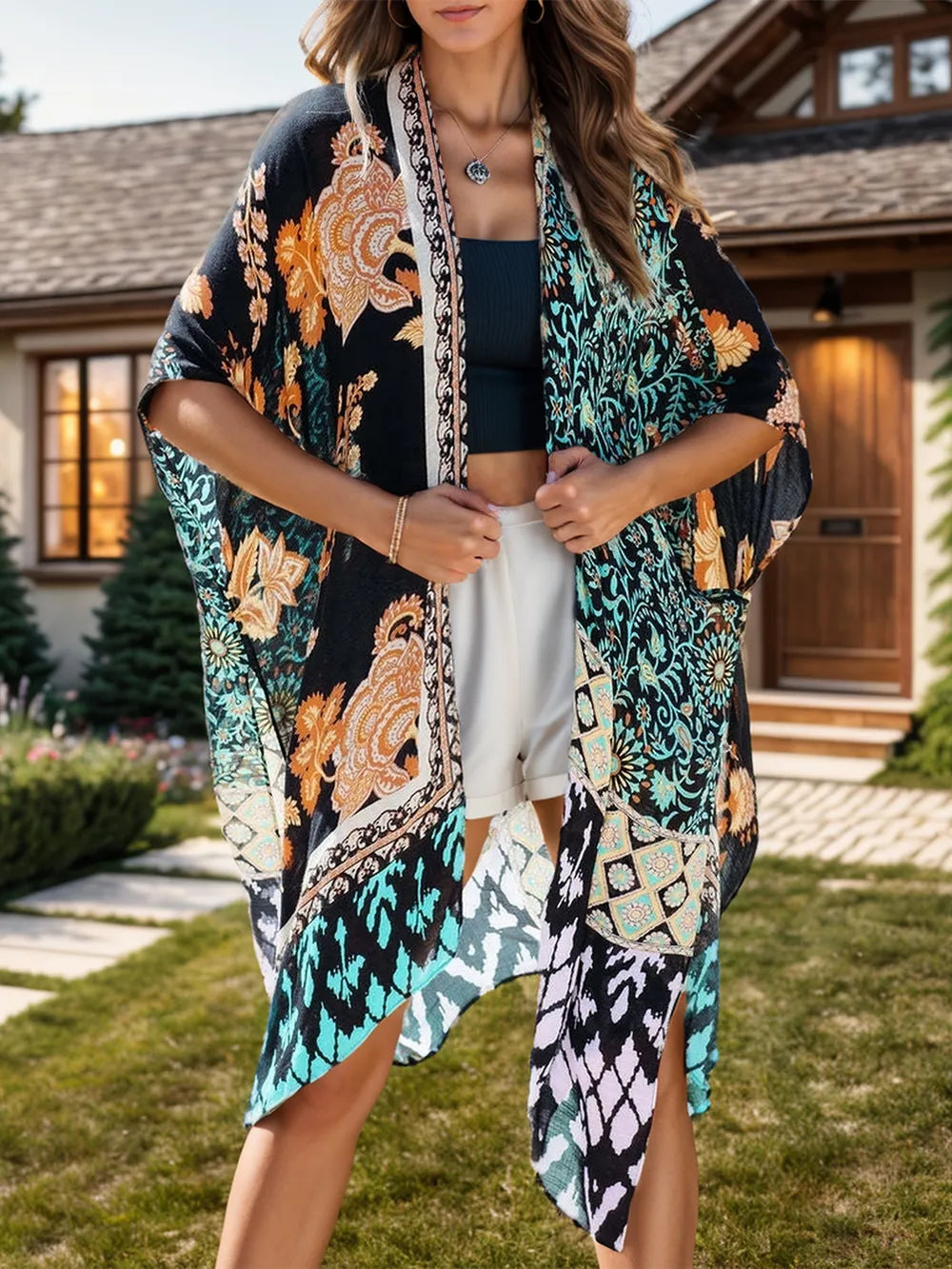 Printed Open Front Cover-Up Black One Size a2300e82-72c6-4b21-978b-d0a47f99f850-Max