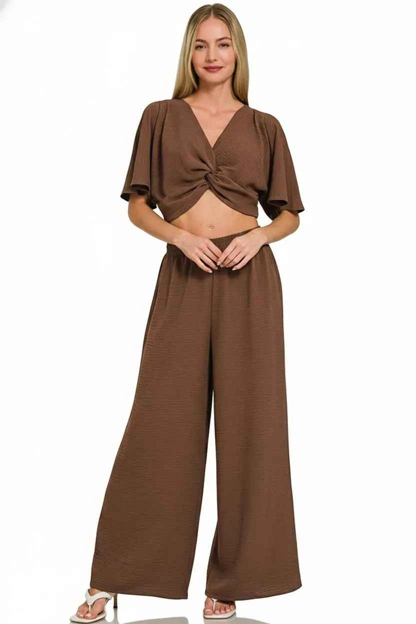 Zenana Woven Airflow Twisted Top & Wide Leg Pants Set a2336fb5-ae82-4f59-8f8f-b8251d9dea09-Max-Origin