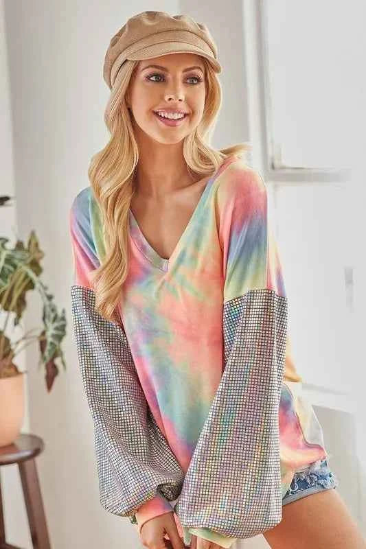 V Neck Tie Dye French Terry Top with Shiny a234692136804d04b04013cffa0beb97-Max-Origin