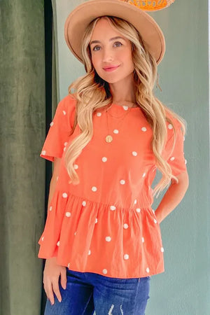 Pom Pom Polka Dot Short Sleeve Peplum Top with Pockets CORAL a23930ffbc6342719f343e317ae9e391-Max-Origin
