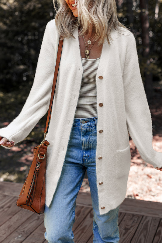 White Fuzzy Buttoned Front Midi Solid Cardigan a240c7e1c07f0847