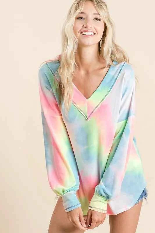 Tie Dye French Terry V-Neck Top with Puff Sleeves a245d6dbd1754b4c8b90ef049627adb6-Max-Origin