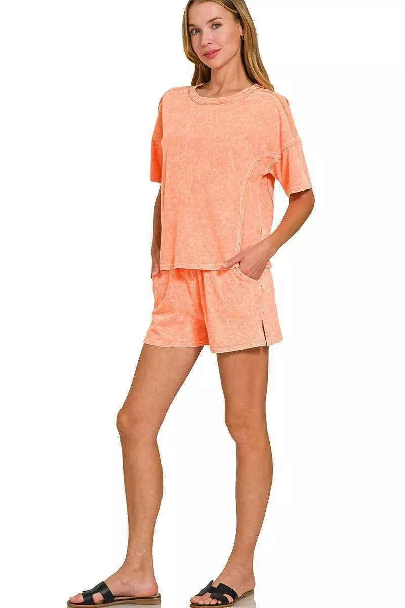 Zenana Halo Snow Washed Short Sleeve Tee and Shorts Set a249872f7011469f99140526cc068232-Max-Origin