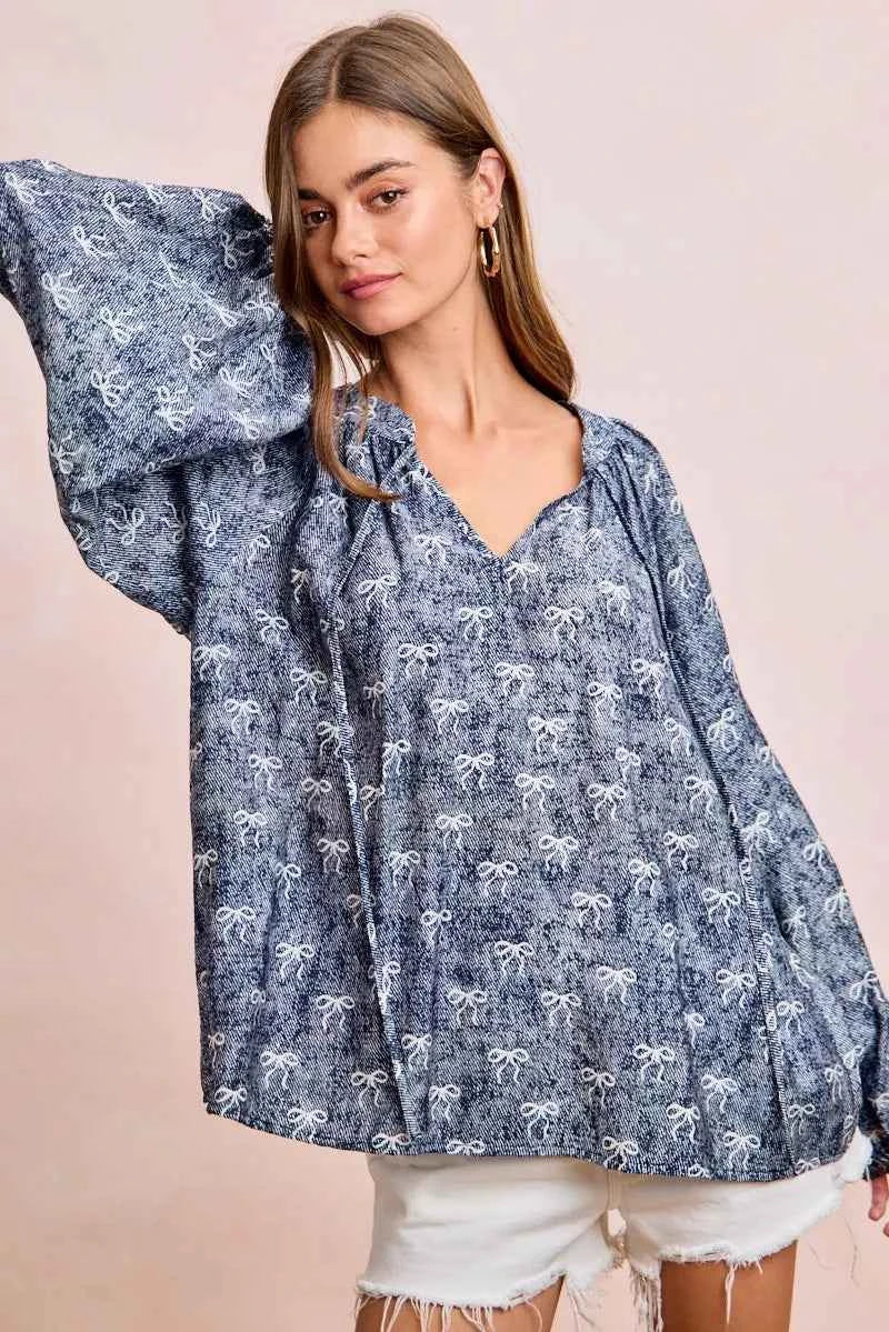 BiBi Ribbon Bow Print Exaggerated Balloon Sleeves Top a24be2272b2f4f7e8dc41272afb30cfa-Max-Origin