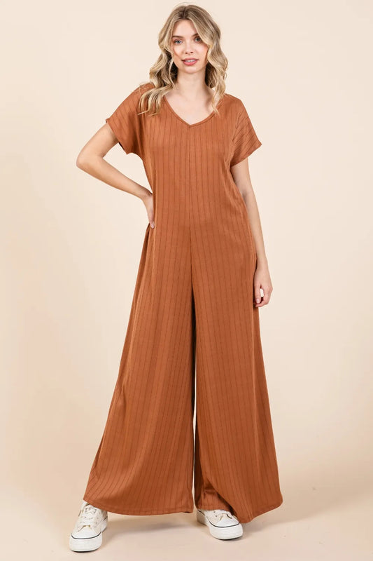 Ribbed Short Sleeve Wide Leg Jumpsuit with Pockets a24c893f-d01d-4e2d-b6ca-b58aa0ad2fd2-Max