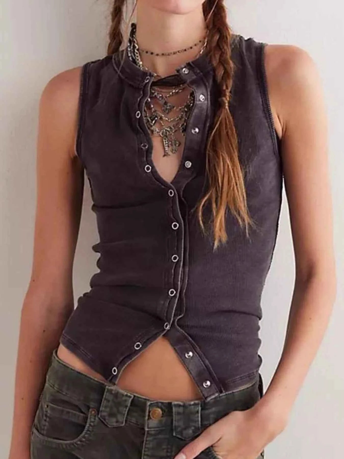 Snap Down Round Neck Ribbed Slim Tank Vest Black a24deb84-d15b-4ba4-8bcb-28ae2b06d3c0-Max-Origin