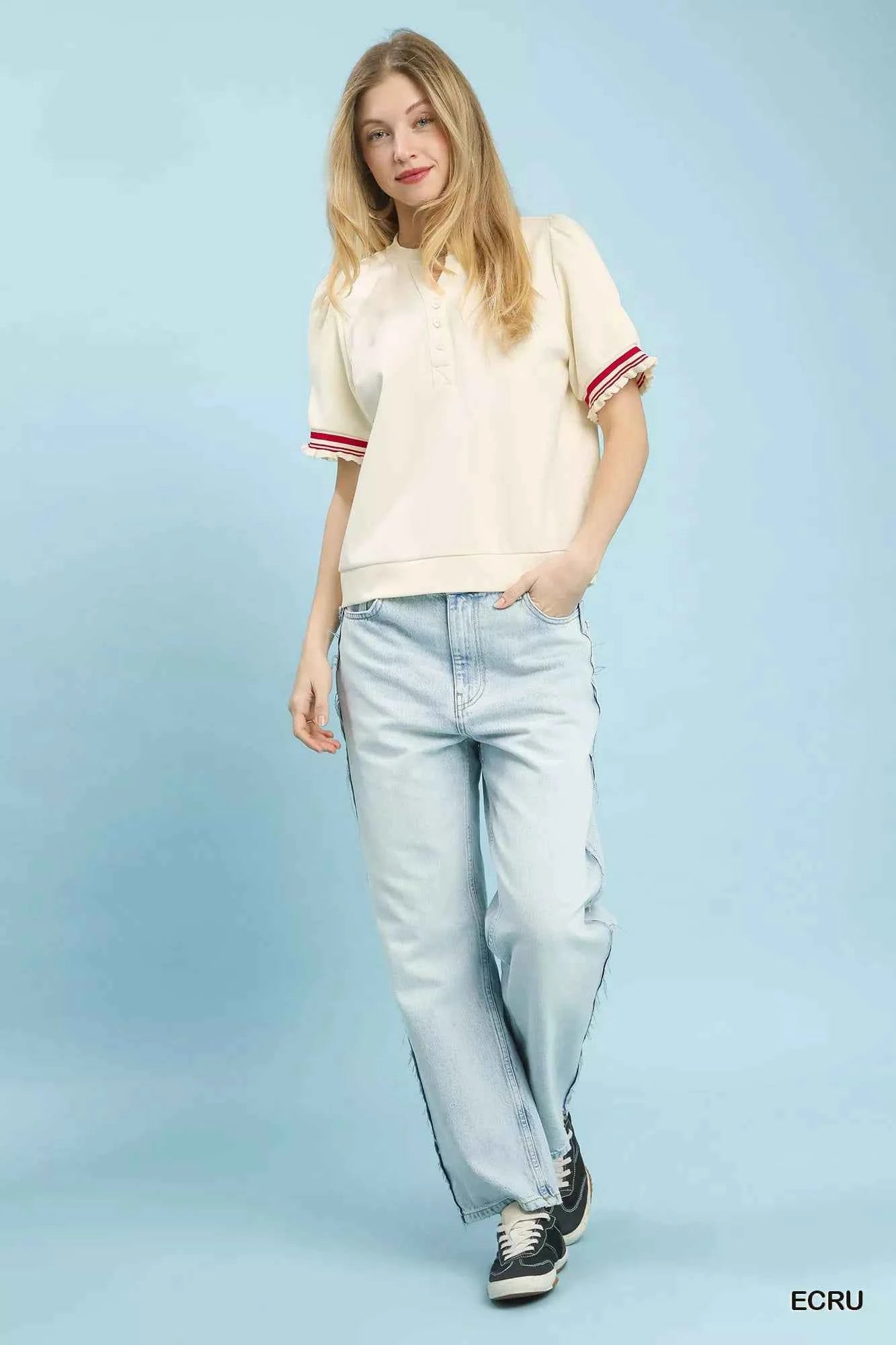 Umgee Puff Sleeve Button Front Top with Contrast Trim a24ff647-231d-42bd-aed0-331fe1a228a9-Max-Origin