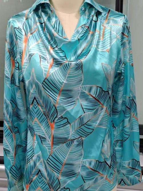 Full Size Satin Leaf Print Button Up Shirt Plus Size a251c5d8-23bc-4a33-9004-e4f710a63c6a-Max