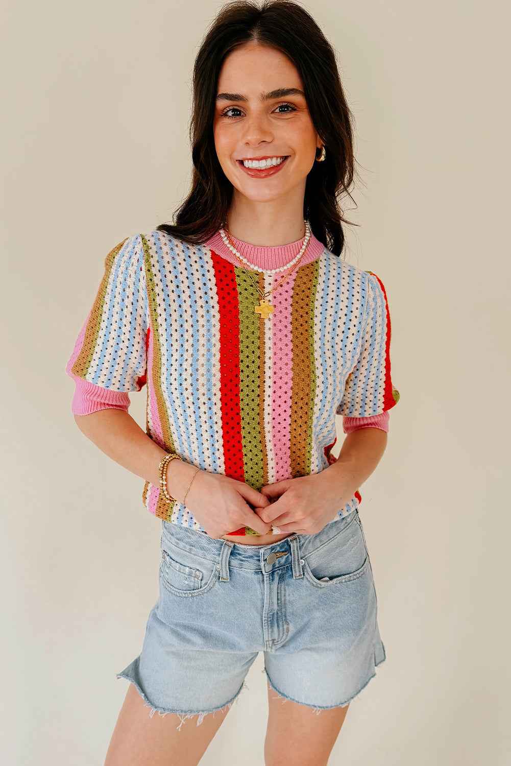 Multicolour Striped Pointelle Knit Short Sleeve Sweater a2530a8d80f8e766