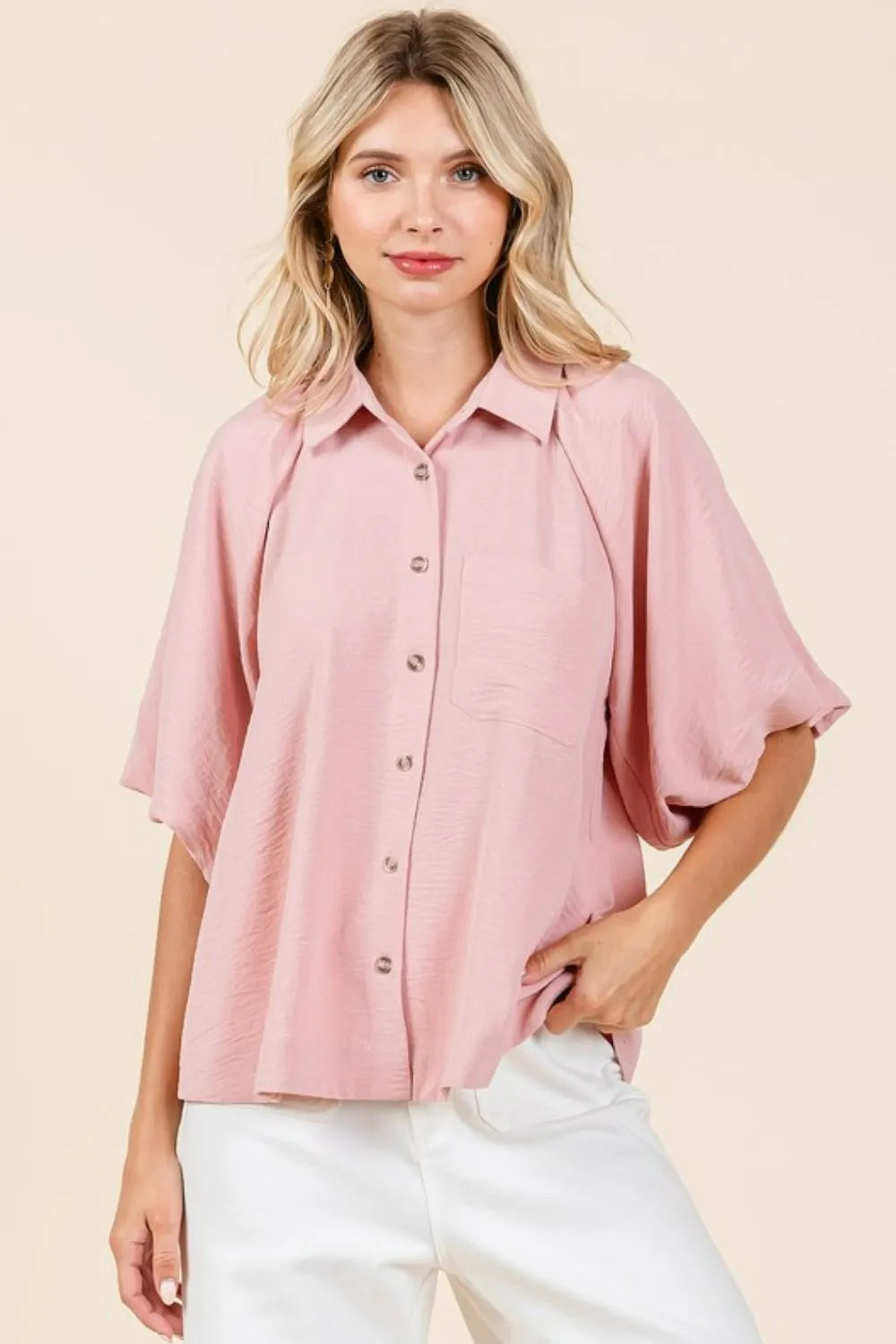 Mittoshop Airflow Short Bubble Sleeve Button Down Shirt Rose Wood a25516f6-fa8c-43cf-88c9-a73ca4b58b65-Max