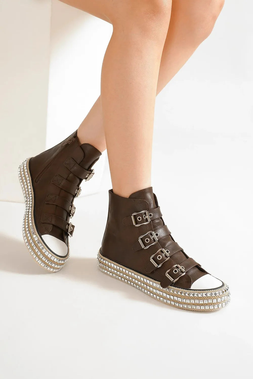 Beast Fashion Multi-Buckle Straps Studded Platform Sneakers Dark Brown a257001e-f688-4a9a-9c6c-0e1846b43291-Max