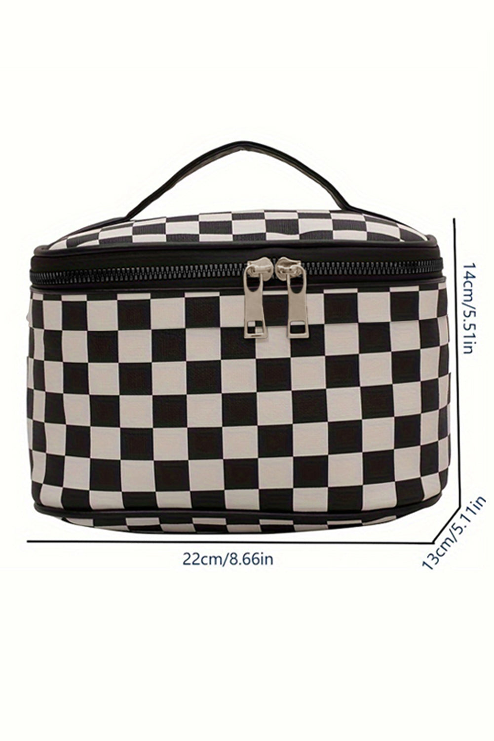 Black Checkered Zipper Large Cosmetic Bag with Handle Black ONE SIZE 100%Polyester a25847dde14120b1