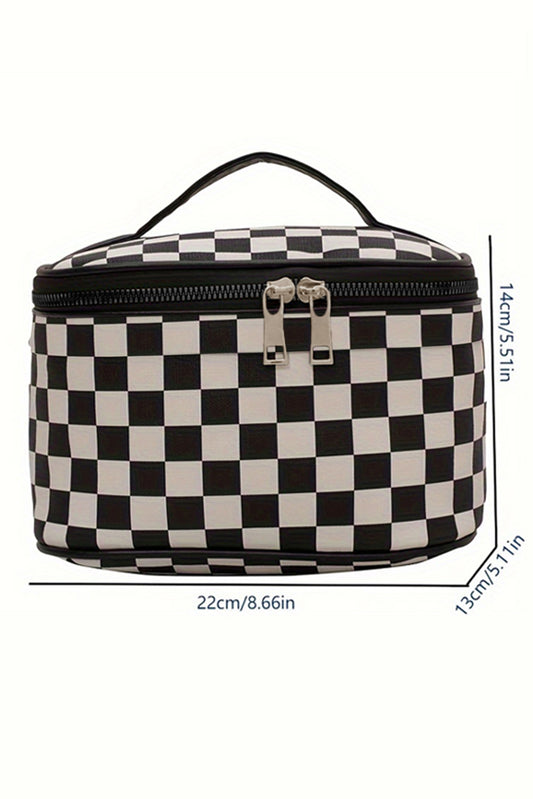 Black Checkered Zipper Large Cosmetic Bag with Handle Black ONE SIZE 100%Polyester a25847dde14120b1