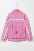 Pink Lace Patchwork Distressed Buttoned Denim Jacket a25fb25989cad25c