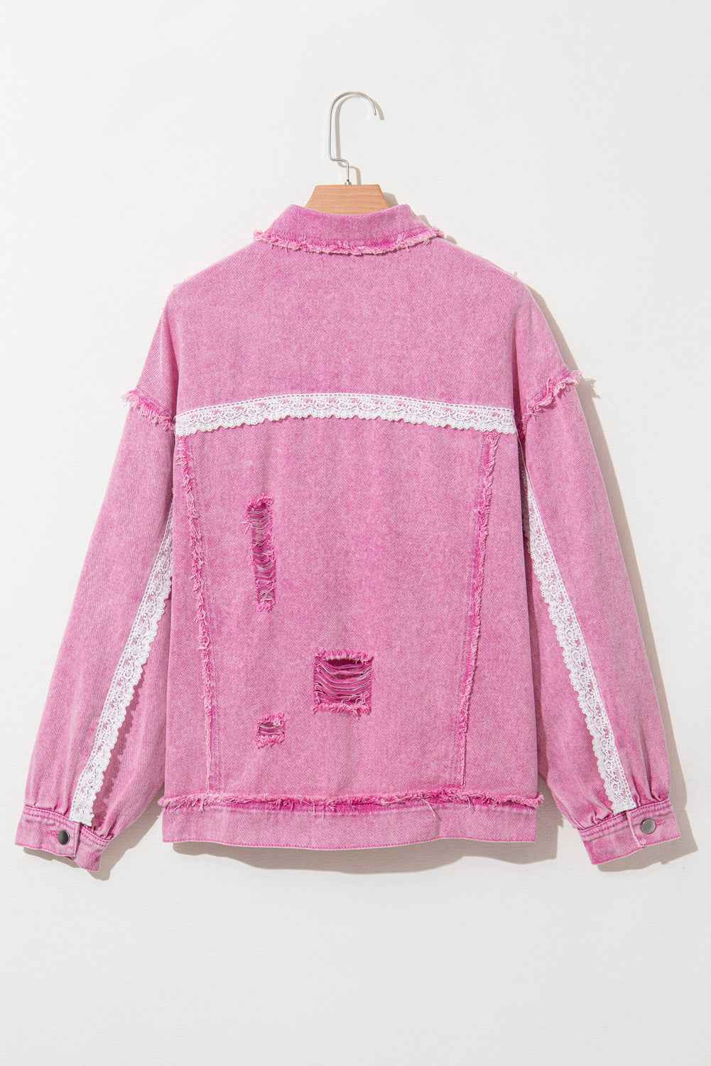 Pink Lace Patchwork Distressed Buttoned Denim Jacket a25fb25989cad25c