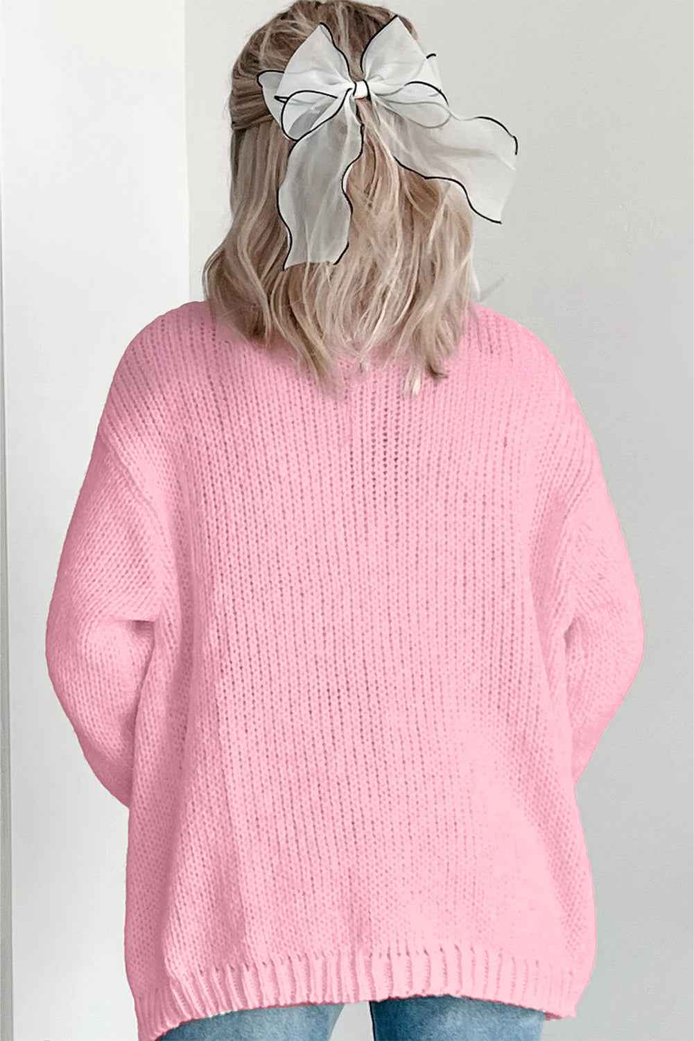 Light Pink Christmas Tree Print Open Front Drop Shoulder Knit Cardigan a26200fe07f4ab8f