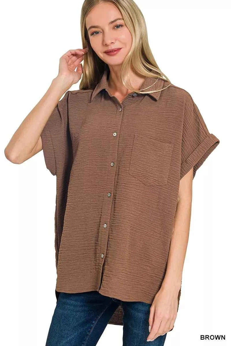 Zenana Woven Airflow Button Down Shirt BROWN a26680048c2645d3992a78fd069e0222-Max-Origin